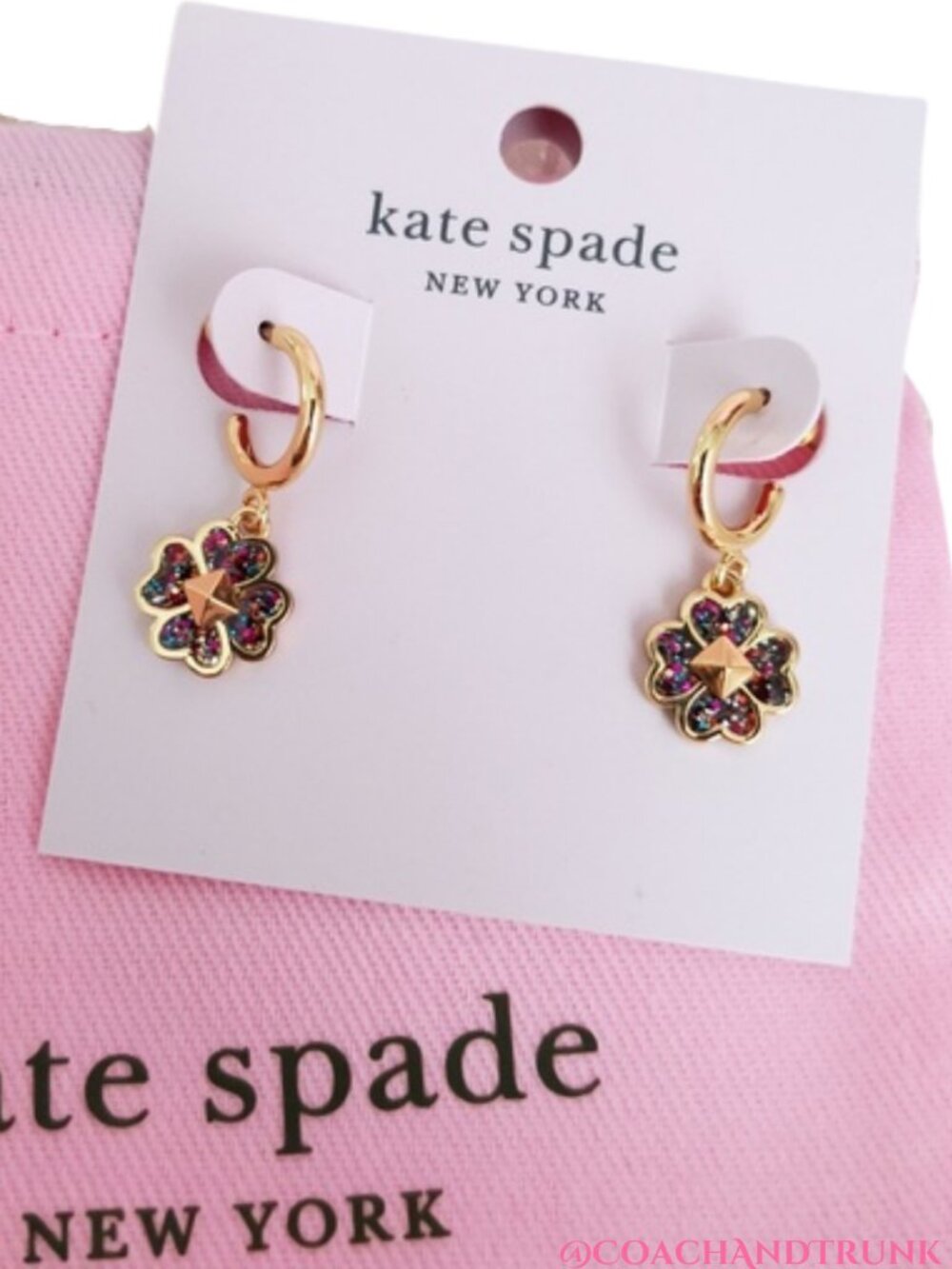 KATE SPADE Gold Spades & Studs Glitter Open Hoop Earrings W/KS Pink Dust Bag NWT